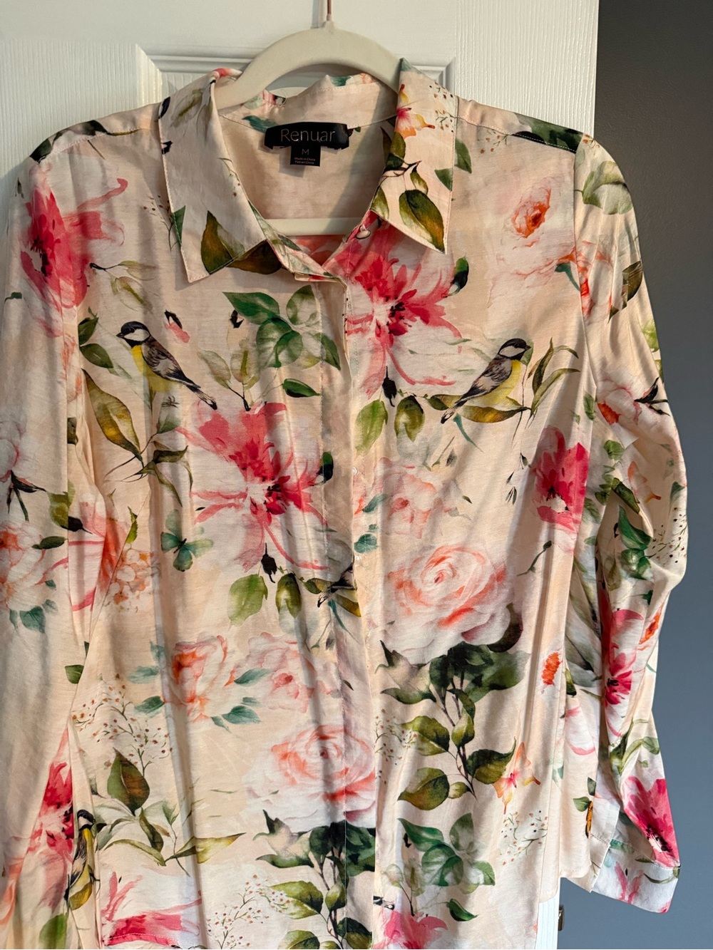 Renuar Cream Floral Button-Up Blouse with Pink & Green Accents
